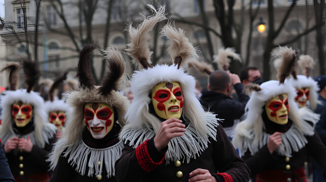 Sofia, Bulgaria - January 8, 2023: Masquerade festival "Surva" in Sofia, Bulgaria. People with mask called Kukeri dance and perform to scare the evil spirits.