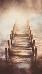 Fototapeta premium Tranquil coastal scene soft summer waves on rustic pier serene landscape airy watercolor illustration