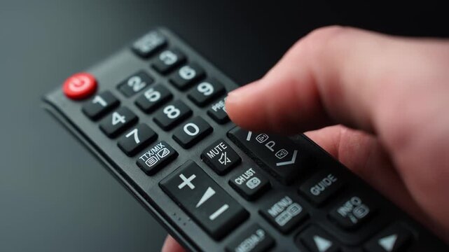 Close-up of a thumb pressing the channel up or next program control on a TV remote, scrolling to the next broadcast with shallow depth of field for television b-roll.