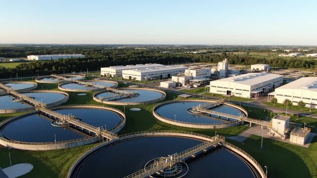 Aerial View of a Modern Wastewater Treatment Plant with Circular Settling Tanks.
