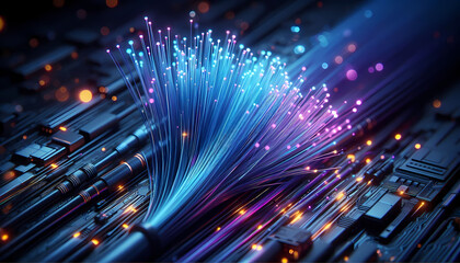 Abstract technology background with glowing blue and purple fiber optic cables in the dark.
