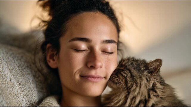 Beautiful young woman with her eyes closed, smiling peacefully as a fluffy tabby cat affectionately snuggles and nuzzles against her cheek in a warm, cozy and sunlit room