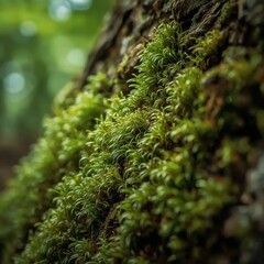 Green Moss Growing on Tree Bark Macro