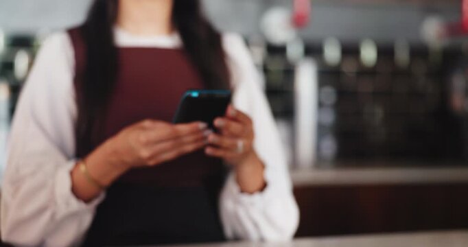 Coffee shop, barista and hands with POS machine for customer order, service or purchase. Person, credit card and woman with tap to pay, NFC and sale for checkout in cafe with ecommerce transaction