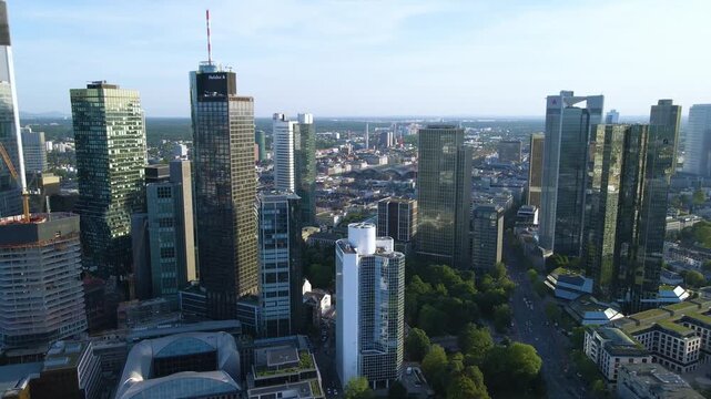 Backward Drone Flight Frankfurt Skyline Germany