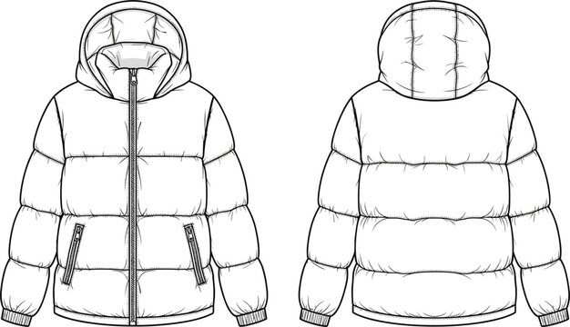 Men and women puffer jacket technical fashion sketch with hood and front pockets featuring front and back views for winter apparel design.