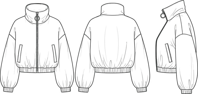 Technical flat sketch of women's cropped puffer jacket featuring high stand collar full zip closure and elasticated cuffs with front back and side views.