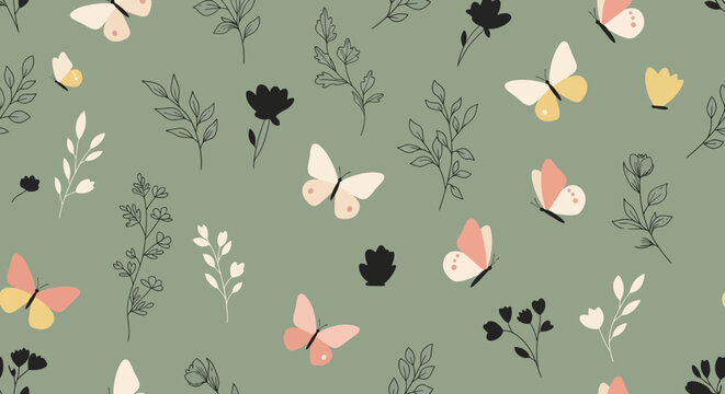 Beautiful butterflies and floral pattern on green background