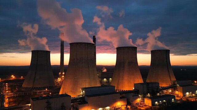 A lone rust colored rover sits silently on a vast industrial landscape during blue hour