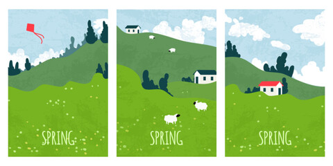 Fototapeta premium Rolling green grass hills, spring meadow under blue sky, fluffy white clouds, cartoon vector illustration. Pastel crayon countryside cards set, scenery with red kite, flying birds, house and sheep
