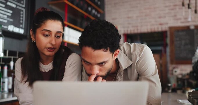 Speaking, people or entrepreneur with laptop in coffee shop, planning supply order or online shopping. Hospitality industry, cafe inventory or couple with pc for digital stock check, talk or reading