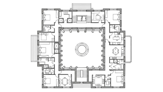 High Quality Black Line Art of Ancient Roman Domus Floor Plan with Central Atrium and Surrounding Rooms, Top View Architectural Layout Illustration