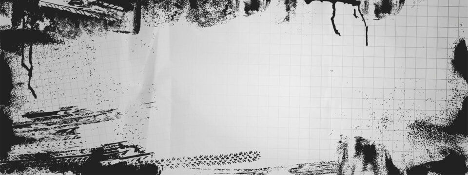 Black paint stains and tire tracks on grid paper background. Vector realistic illustration of grunge notebook sheet background with ink splatters, tread marks and dirt, modern street art banner