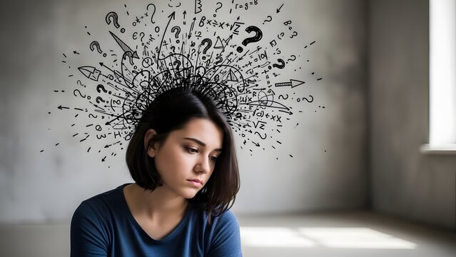 Young woman looking down with chaotic doodles over her head. Mental health and overwhelming thoughts concept. Person feeling stressed with math and question mark sketches
