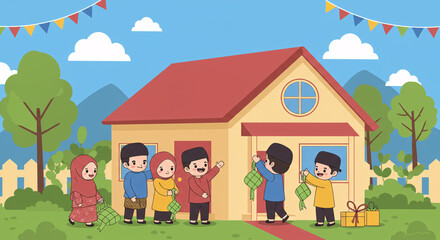 Fototapeta premium Cute Characters Decorating House for Eid al-Fitr