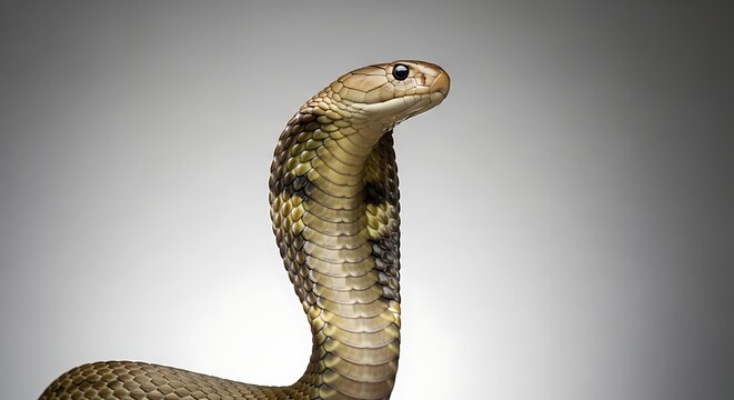 King cobra poised looking against a plain background