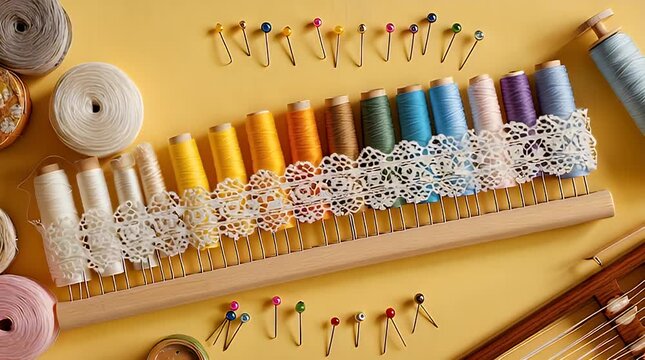 A close-up view of sewing supplies. There are spools of thread, pins with colorful heads, and a lace trim laid on a yellow surface. A stringed instrument is visible