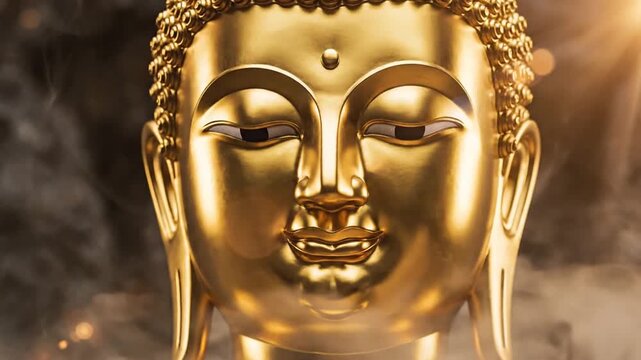 Serene golden Buddha head statue exuding peace and spirituality against a dark, mystical background with soft light, symbolizing enlightenment.