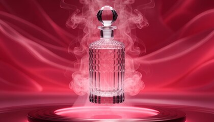 Luxury Crystal Perfume Bottle with Ethereal Smoke on Radiant Pink Background