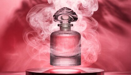 Luxury Crystal Perfume Bottle with Ethereal Smoke on Radiant Pink Background