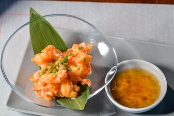 Fried Shrimp Appetizer with Dipping Sauce and Garnish