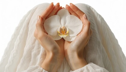 Elegant Hands with Pearl Bracelets Cradling a White Orchid