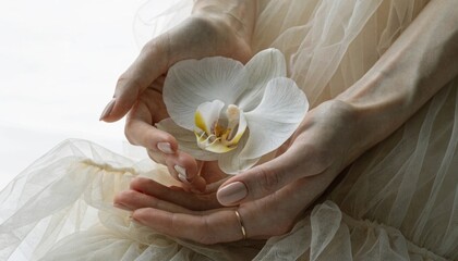 Elegant Hands with Pearl Bracelets Cradling a White Orchid