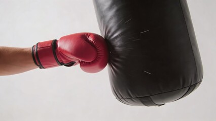 Dynamic Impact: Red Boxing Glove Striking Black Punching Bag