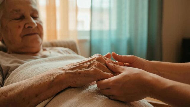 Authentic intergenerational connection elderly woman senior hand caregiver support gentle care