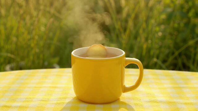 A yellow mug with steaming beverage and slice of fruit sits on checkered tablecloth