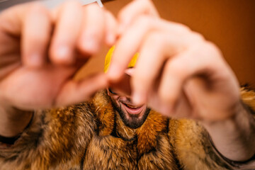 Happy man in fur coat forming heart shape with hands