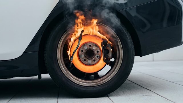 A car tire ignites while parked in a garage. Flames and smoke emerge from the tire, indicating an urgent situation. Nearby items remain unaffected by the fire. Quick action is necessary
