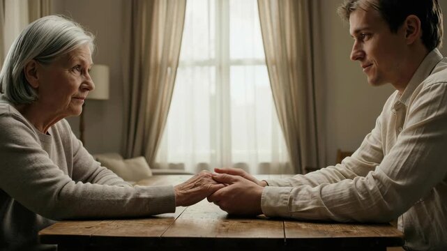 Senior woman young man authentic intergenerational connection tender support across wooden table