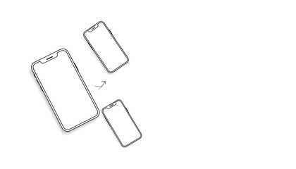 Fototapeta premium A simple line drawing of three smartphones in various sizes with an arrow pointing to the smaller ones
