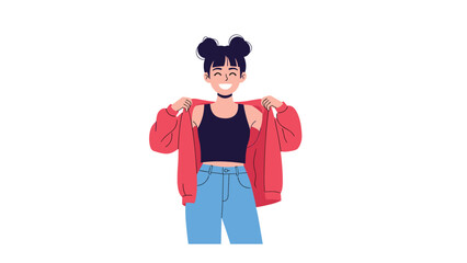 Obraz premium Smiling young woman with a double bun hairstyle puts on a red jacket over a black top and blue jeans on white background.