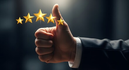 Hand showing thumbs up with five glowing gold stars. Customer rating and quality feedback. Professional person giving a positive review for excellent service satisfaction