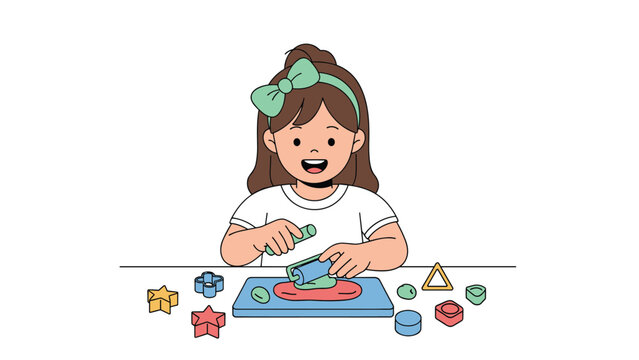 Happy young girl uses a rolling pin and cookie cutters to create shapes with colorful modeling clay at a table.