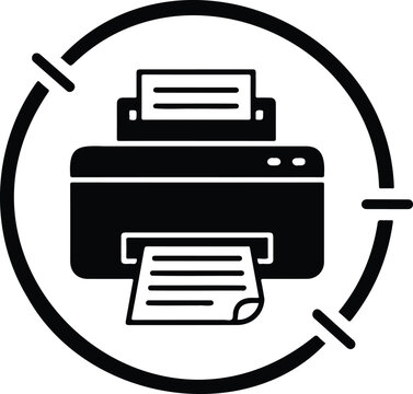 Vector art of a black and white icon of a modern printer with paper coming saddam