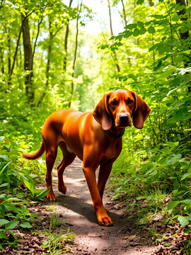 A majestic redbone coonhound dog with a rusty red coat and floppy ears explores a sunny forest trail surrounded by lush green foliage.