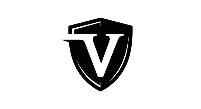 Strong black shield emblem with a white letter V monogram icon. Modern abstract security protection logo vector graphic design.