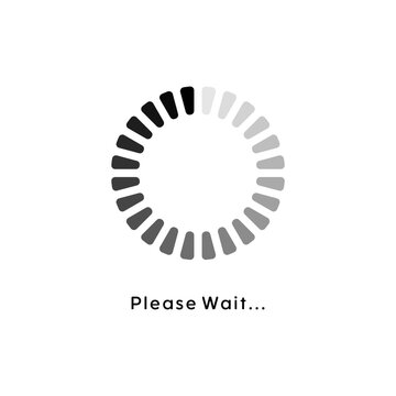 Minimalist circular loading progress icon with thick bar style spinner and please wait text on a solid white background for digital UI UX.