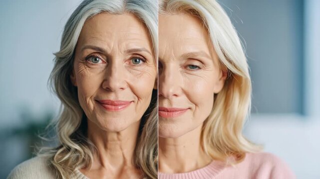 Split image shows same woman with different aging hair colors and skin textures smiling