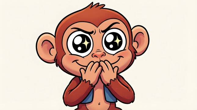 Monkey Cartoon Character Covering Mouth Surprised.