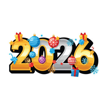 Celebratory 2026 New Year greeting card with gifts and ornaments surrounding the numbers in a festive illustration