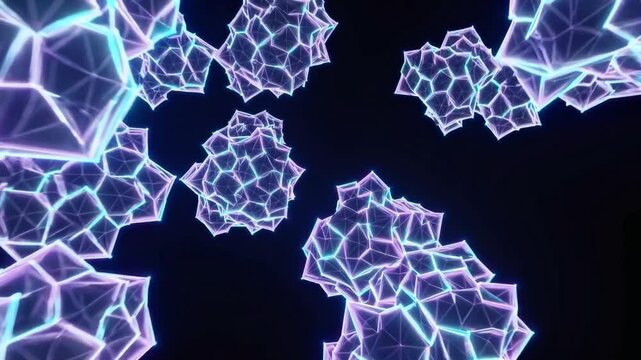 glowing neon polyhedron clusters floating against black background, molecular animator mapping lattice connections with pulsing edges and slow drift, immersive futuristic mood, cinematic depth