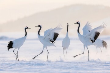 Obraz premium Group of white cranes walking across snowy terrain with wings partially raised