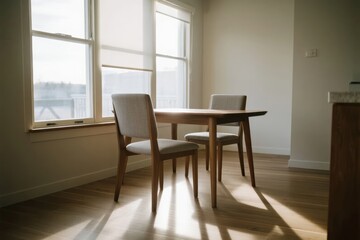 Fototapeta premium Minimalist dining area with wooden table and chairs near large windows letting in natural light