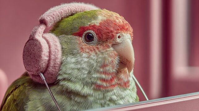 charming close-up of a small green and pink parrot wearing fluffy pink headphones. The bird appears to be "listening" to music or looking at a screen, set against a soft, pink-toned background 