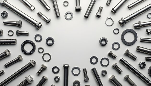 A collection of assorted metal bolts and nuts arranged in a circular pattern on a plain surface