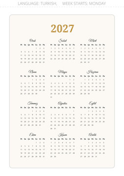 Modern 2027 turkish calendar for Turkey in elegant gold tones